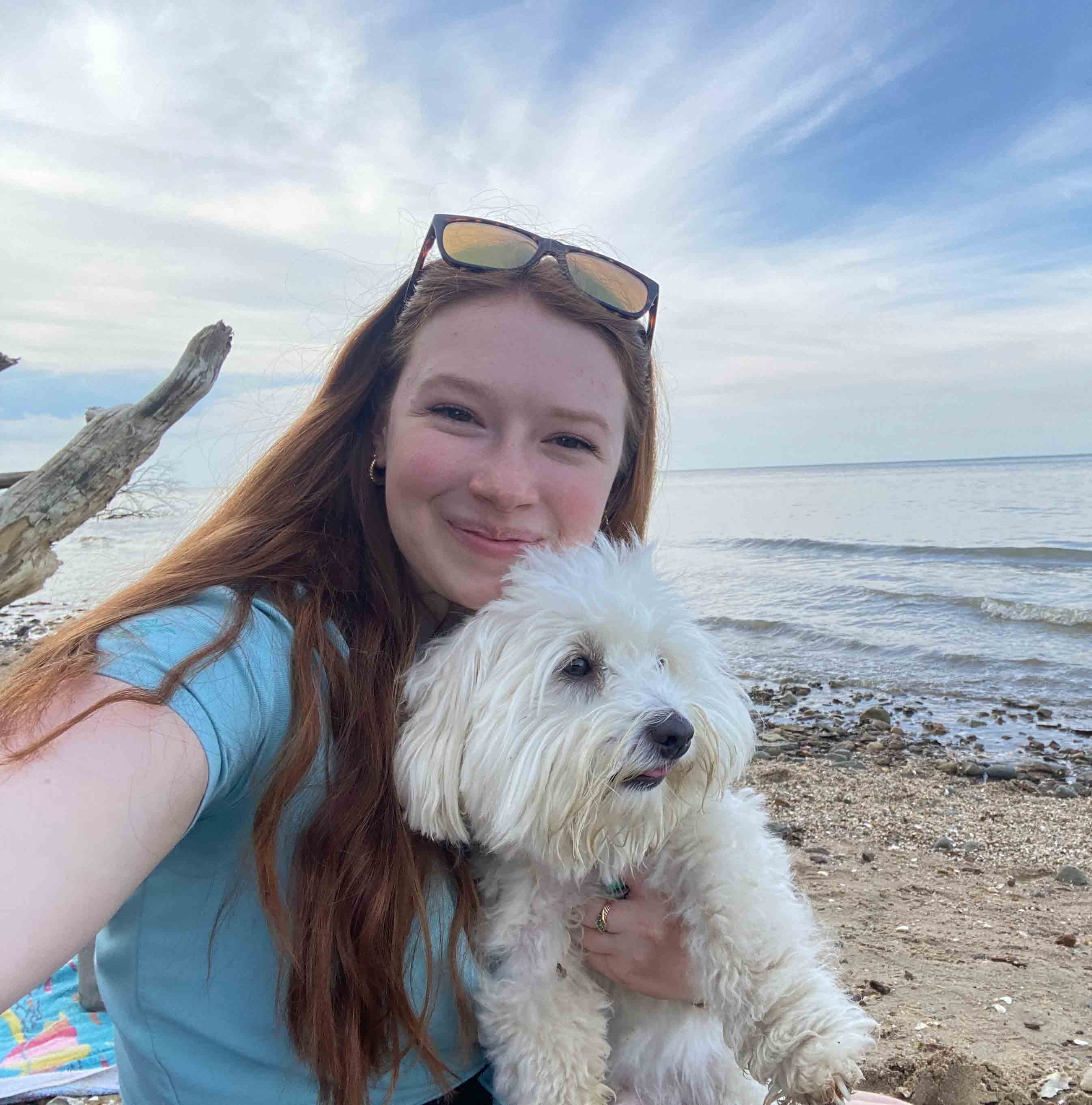 Woman stting on beach with dog