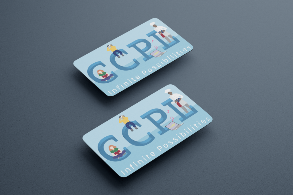 A library card with CCPL on the front and people sitting or standing around the letters.