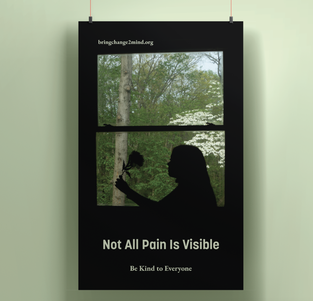 A poster with the silhouette of a woman sitting in a window with a flower in her hand. The poster reads: Nat All Pain Is Visible. Be Kind to Everyone.