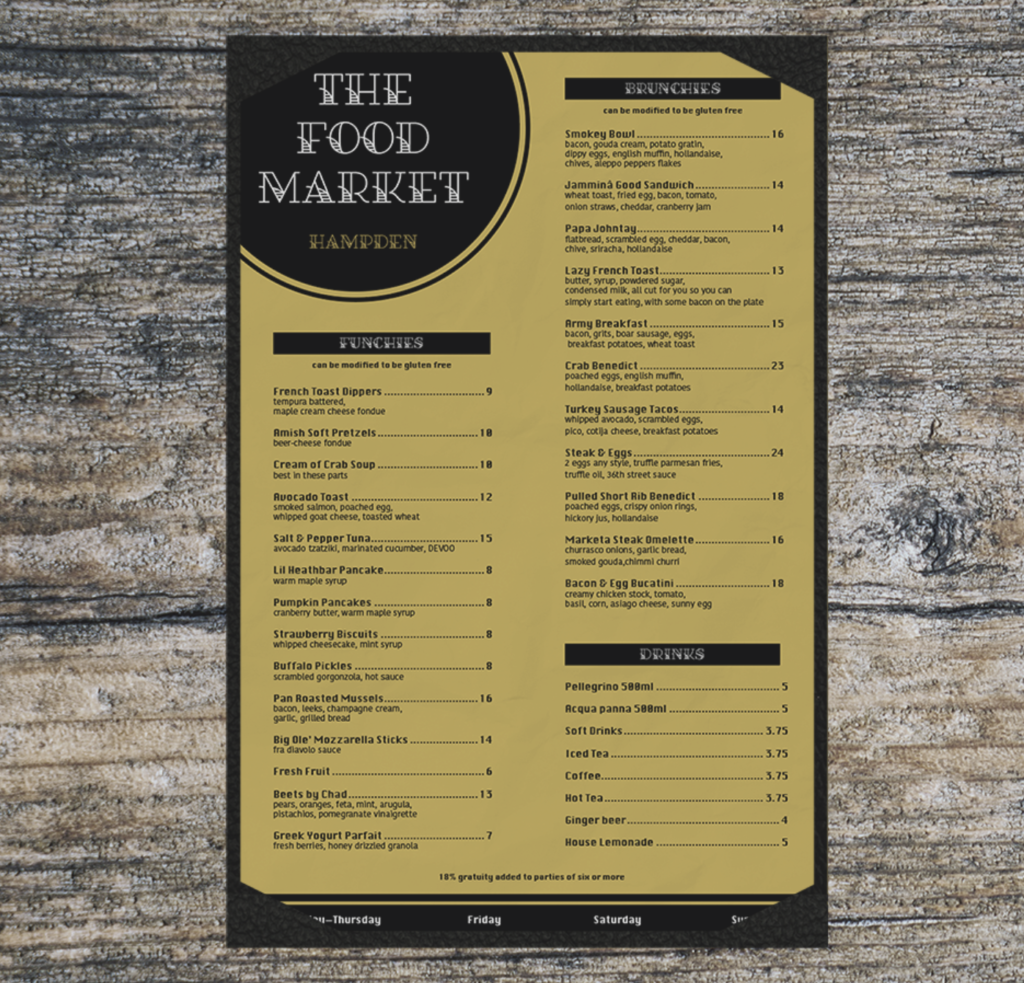 The front of a black and yellow menu for The Food Market.