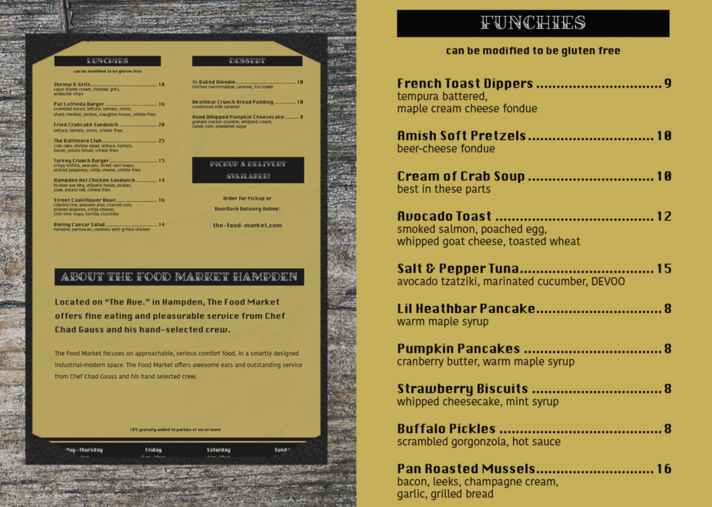 The back of a black and yellow menu and a close up of the menu items.